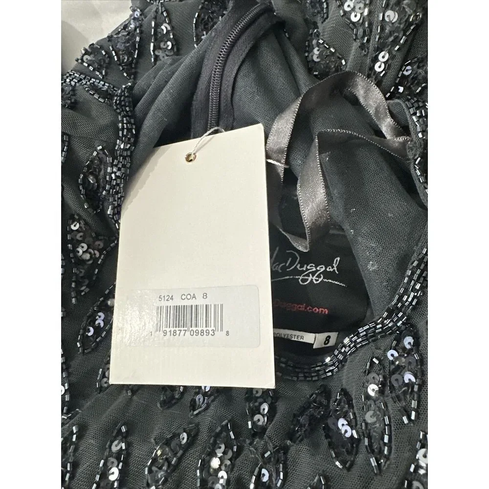 NWT $598 Mac Duggal [‎ 8 ] Beaded Long Sleeve Evening Gown 5124 Charcoal